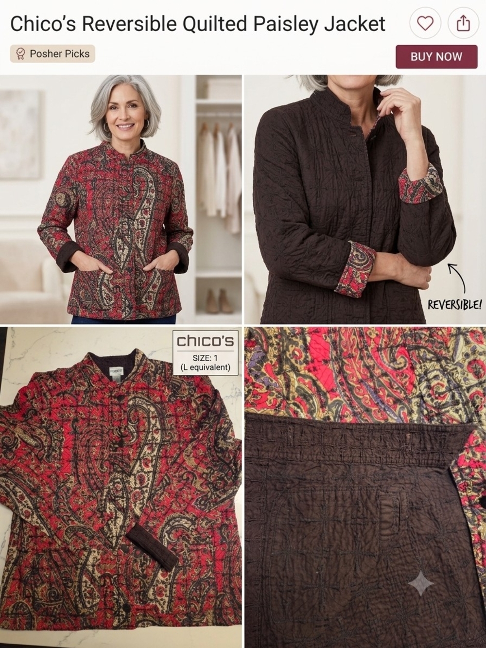 Chico's Reversible Quilted Paisley Jacket - Red/Brown